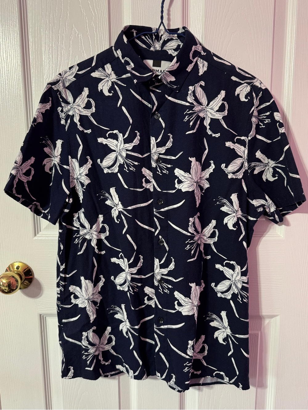Topman Black Short-Sleeve Button-Up with White Floral Print